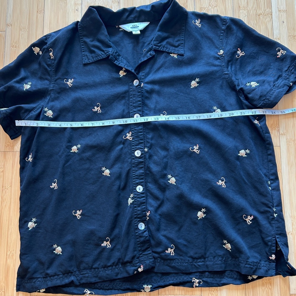 Vintage AKS Shirt XL All Over Embroidered Monkey Tiki Hut Black Tencel Button Up - Picture 10 of 12